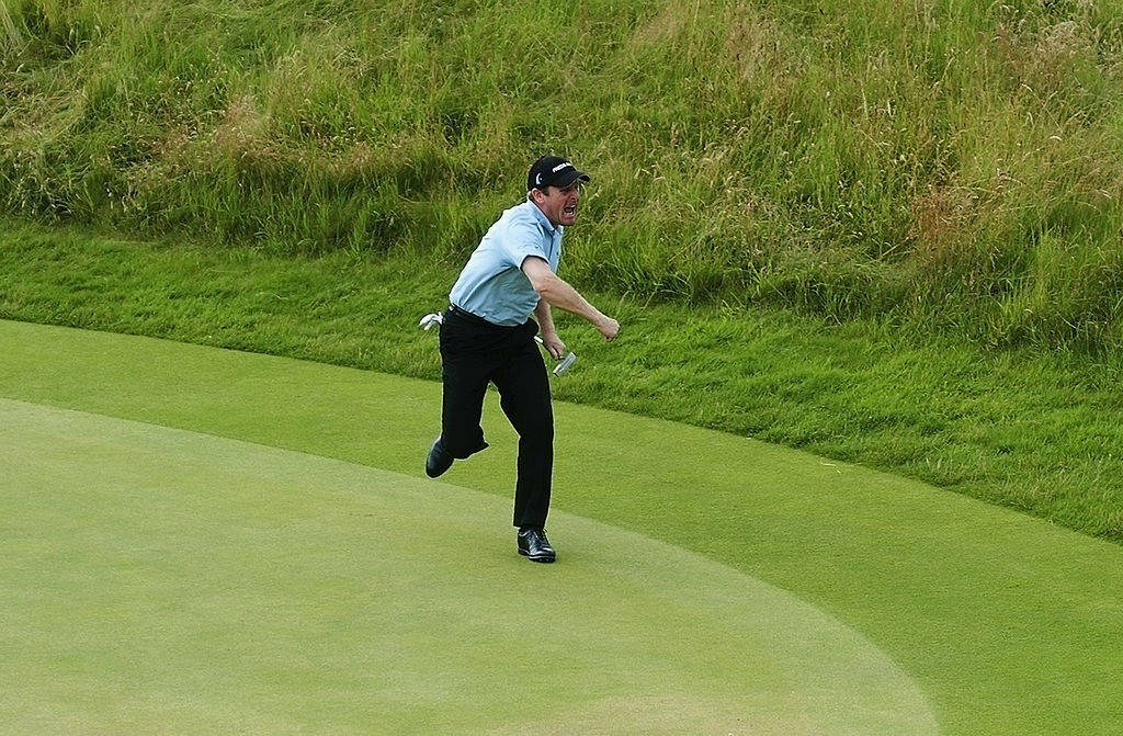 Gary Evans celebrates his remarkable par at Muirfield